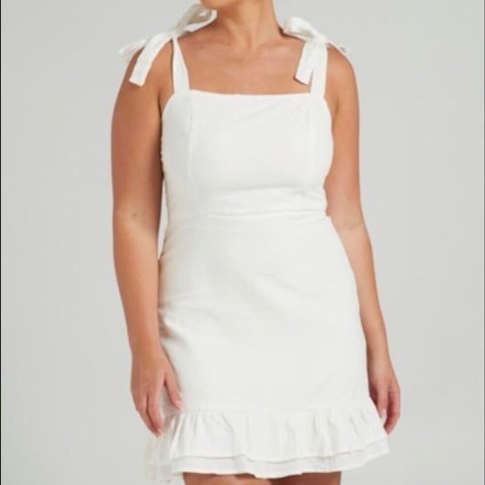 Showpo white ruffle detail bow tie strap mini dress